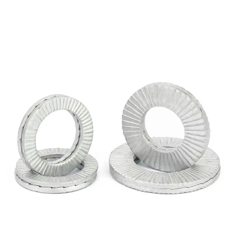 Premium Double Deck Wedge Lock Washers, M14 size, polished metal, used to secure fasteners during heavy duty stress.