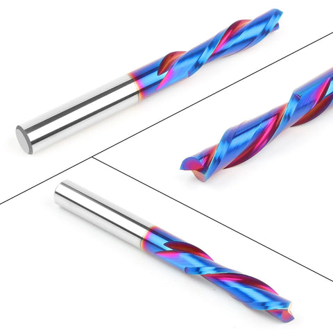 Front view: EANOSIC downcut spiral router bit, 1/4 in shank and 1/4 in diameter, solid carbide with blue nano coating