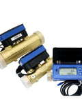 Ultra Precise Ultrasonic Water Flow Meter With RS485 And Mbus Outputs For Smart Irrigation And RV Heaters Remote Transmission Ready Plug And Play Flow Sensor For Liquid Applications DN25mm, showing two brass-flow meters with blue digital displays.