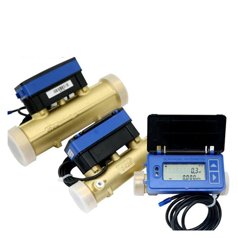 Ultra Precise Ultrasonic Water Flow Meter With RS485 And Mbus Outputs For Smart Irrigation And RV Heaters Remote Transmission Ready Plug And Play Flow Sensor For Liquid Applications DN25mm, showing two brass-flow meters with blue digital displays.