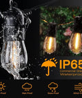 Outdoor LED String Lights 150ft S14 Dimmable Patio Lights IP65 Waterproof With 48 Shatterproof Bulbs glowing in the rain