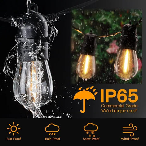 Outdoor LED String Lights 150ft S14 Dimmable Patio Lights IP65 Waterproof With 48 Shatterproof Bulbs glowing in the rain