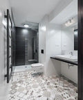 Modern bathroom interior with patterned floor tiles, white fixtures, and Three Light Vanity Fixture With Crystal Glass Shades Transitional Contemporary Bathroom Light Model 1931-3V-CH.
