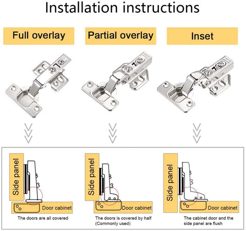 Two Pack 304 Stainless Steel Cabinet Hinges With Full Overlay Concealed Face Frame Design for Easy Install shown with installation types
