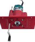 Top view of Beefed Up Router Lift System For Woodworking, Easy Lift Base Kit showing red ABS panel and adjustment handle