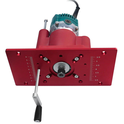 Top view of Beefed Up Router Lift System For Woodworking, Easy Lift Base Kit showing red ABS panel and adjustment handle