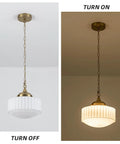 Lumraxsun Vintage Pendant Light Over Kitchen Glass Kitchen Pendant Light in off and on states, showing elegant glass shade and brass details.