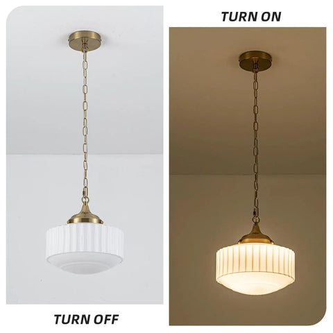 Lumraxsun Vintage Pendant Light Over Kitchen Glass Kitchen Pendant Light in off and on states, showing elegant glass shade and brass details.
