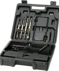 Kickass Mortising Attachment Kit For Standard Drill Presses Featuring Quick Change Guide Bushings And Rugged Cast Iron Chisel Holder Setup For Serious Shop Rigs in black storage case with tools.