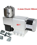 Heavy Duty CNC Rotary Axis Fourth And Fifth Index Head With Harmonic 50 To 1 Drive Nema 34 Stepper Motor features a 100mm four jaw chuck.