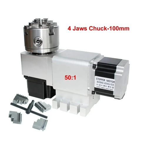 Heavy Duty CNC Rotary Axis Fourth And Fifth Index Head With Harmonic 50 To 1 Drive Nema 34 Stepper Motor features a 100mm four jaw chuck.