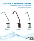 Air Gap Auxiliary Faucet For Under Sink RO Water Filtration Systems With One Quarter Inch Supply Tubing Connection Touch Flow Spring Loaded Handle Chrome Finish Code Compliant NSF Low Lead Easy Install And Durable Build - Chrome, Bronze, and Nickel finishes displayed.
