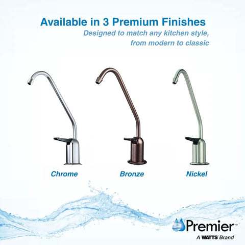 Air Gap Auxiliary Faucet For Under Sink RO Water Filtration Systems With One Quarter Inch Supply Tubing Connection Touch Flow Spring Loaded Handle Chrome Finish Code Compliant NSF Low Lead Easy Install And Durable Build - Chrome, Bronze, and Nickel finishes displayed.
