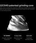 S2C040 patented grinding core showing high-hardness SUS420 stainless steel for the Badass Electric Coffee Grinder With 150 Tight Adjustments.