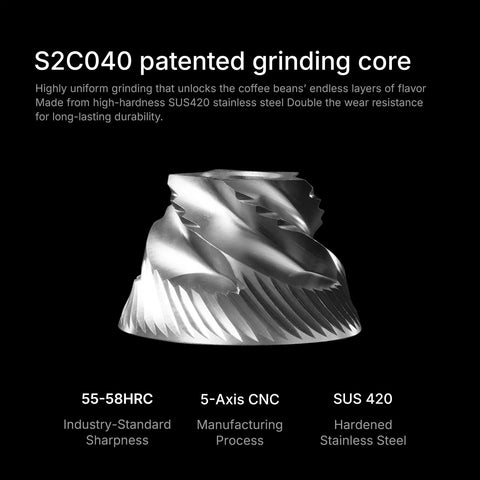 S2C040 patented grinding core showing high-hardness SUS420 stainless steel for the Badass Electric Coffee Grinder With 150 Tight Adjustments.