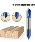 Heavy Duty 1/4 Inch Carbide Router Bit With Solid Nano Blue Coating For Angled V Groove And Chamfering On Hardwood And MDF Smooth High Speed Carving on wooden grooves