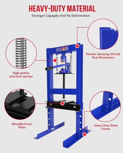 6 Ton Hydraulic Shop Press With Adjustable 2.2 To 9.4 Inch Range, Heavy Duty H-Frame With Movable Plates shown in blue steel