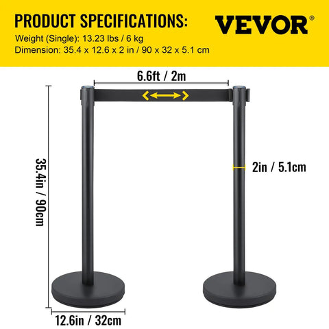 Boss Grade Crowd Control Stanchion Set With Six Point Six Feet Black Retractable Belt Solid Metal Base And Concrete Support