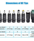 Universal 24W Power Adapter with 8 selectable plugs for LED strips, cameras, keyboards, with dimension chart.