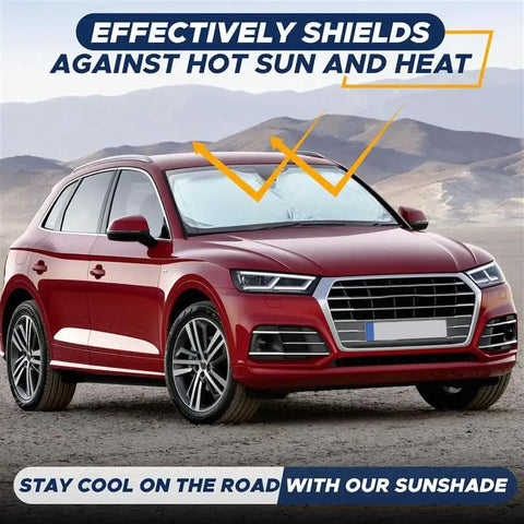 Heavy Duty Car Windshield Sun Shade Blocks Gnarly Highway Scorcher And Dangerous Ultraviolet Rays Keeps Your Ride Cooler on a red SUV.