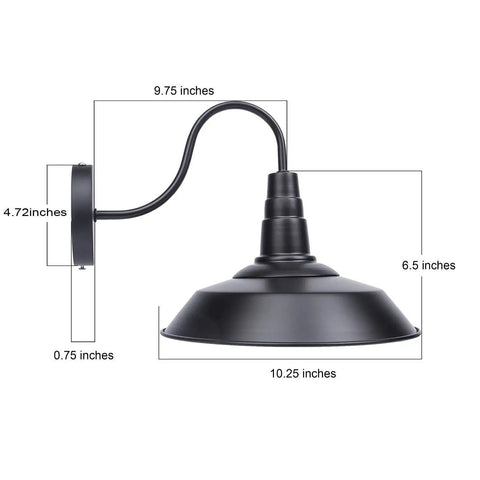 Black Gooseneck Wall Sconce Lighting Industrial Barn Style Vintage Farmhouse Wall Lamp With Metal Back Plate 110 To 240V Not Waterproof Ideal For LED CFL Bulbs CY-8, side view dimensions labeled.