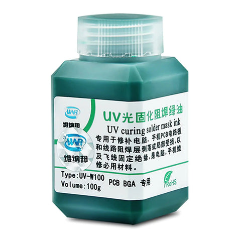 Dope UV Curable Solder Mask For PCBs Green Solder Resist Coating 100g bottle with label detailing product type and volume