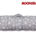 Cozy Toddler Nap Mat With Removable Pillow And Fleece Minky Blanket Grey, rolled up with handle and stars pattern, 21 by 50 inches