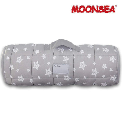 Cozy Toddler Nap Mat With Removable Pillow And Fleece Minky Blanket Grey, rolled up with handle and stars pattern, 21 by 50 inches