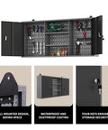 Rugged Metal Wall Cabinet With Two Lockable Doors For Garage Tool Storage In Black And Grey Pegboard Interior And Detachable Shelves