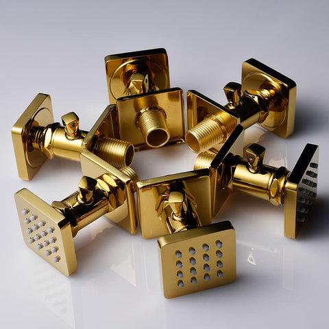 Six Piece Adjustable Massage Body Shower Jets In Wall Shower System With Independent Flow Control, Polished Gold, side view