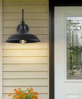2 Pack 10 Inch Black Outdoor Barn Light With Wall Mount Gooseneck Dome Sconce illuminating a house porch