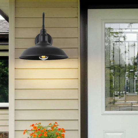2 Pack 10 Inch Black Outdoor Barn Light With Wall Mount Gooseneck Dome Sconce illuminating a house porch