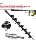 Earth Auger Drill Bit Adapter For SDS Arbors With Exchangeable Bits Round Slot Adapter, shown with attached auger and drill setup