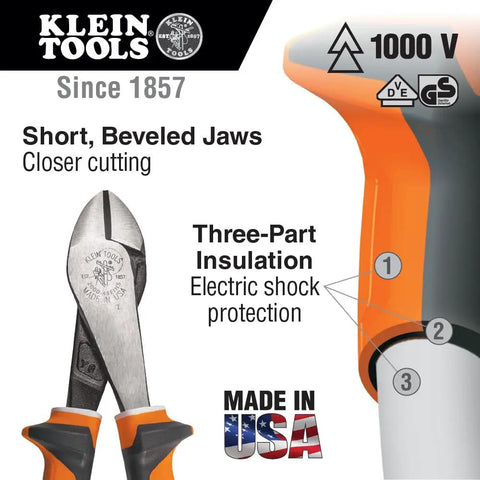 Insulated Diagonal Cutting Pliers 8 Inch, 1000V Rated, VDE Certified, Angled Head with three-part insulation and Made in USA label.