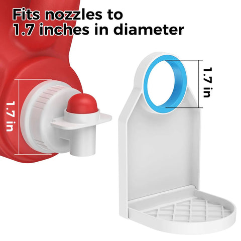 2 Pack Laundry Detergent Dispenser Cup Holder With Nozzle Button Upgrade showing nozzle and 1.7-inch cap fitting size, white and blue holder.