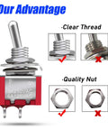 Close-up of the 8 Pack SPST Mini Toggle Switches On Off 2 Terminal 2 Position 6A 125V 3A 250V with clear thread and quality nut.