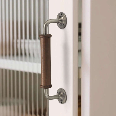Close-up of Two Pack Walnut Wood Door Pull Handles With Antique Nickel Backplates For Fence Gate Barn Door Closet Sliding Door