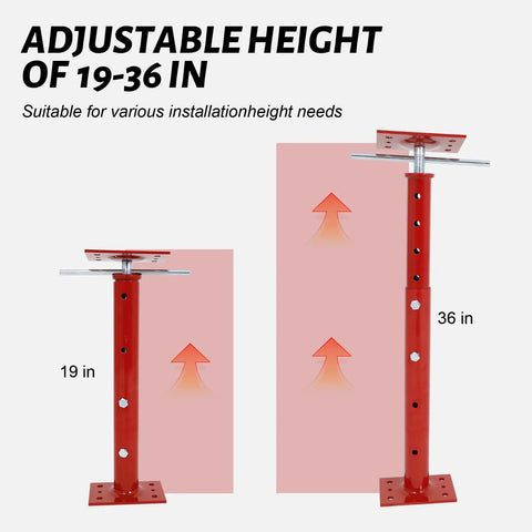 Real Deal Heavy Duty Adjustable House Floor Jacks Rated At 17500 Lbs, showing adjustable height from 19 to 36 inches.
