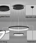 Black Dope Two Ring LED Chandelier For High Ceilings, Sleek Modern Hanging Light, adjustable height, metal chassis, two rings