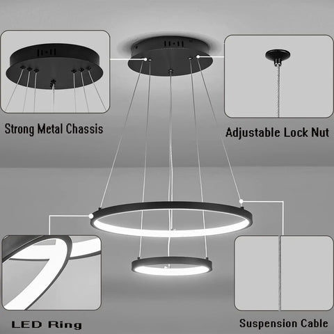 Black Dope Two Ring LED Chandelier For High Ceilings, Sleek Modern Hanging Light, adjustable height, metal chassis, two rings