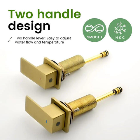 Brushed Gold Bathroom Sink Faucet 3 Hole Widespread Waterfall Basin Faucet With Pop Up Drain No Fuss Vanity Lavatory Faucet Solid Brass Construction Corrosion Resistant Easy Install showing two handle design