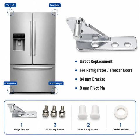 84mm Refrigerator Door Hinge Zinc Chrome With 8mm Pin For French Doors Four Positions Adjustable TL Replacement Beefy Zinc Alloy Chrome Finish