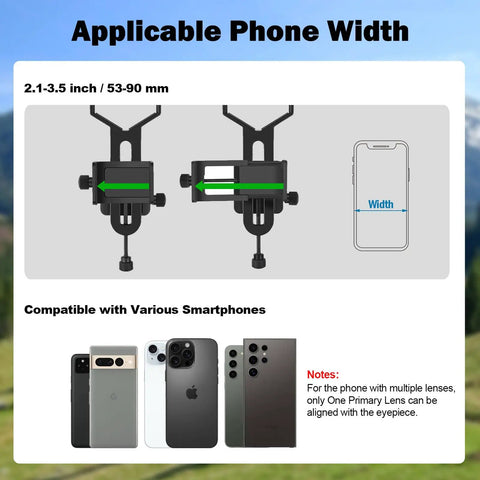 Diagram showing 2 Axis Phone Scope Mount for Telescopes and Microscopes, compatible with smartphones 53-90mm wide.