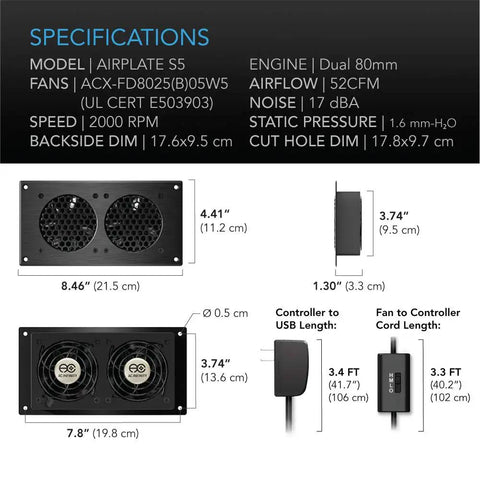 Ultra Quiet 8 Inch Cooling Fan System With Multi Speed Control, dimensions and specifications of CNC aluminum frame, UL certified