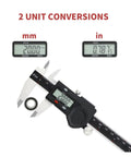 VZDRHYURI IP54 Waterproof Digital Caliper 150mm Stainless Steel showing unit conversions in mm and inches.
