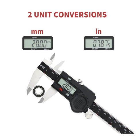 VZDRHYURI IP54 Waterproof Digital Caliper 150mm Stainless Steel showing unit conversions in mm and inches.