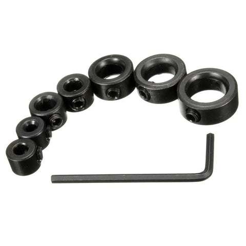 Drill Stop Bit Collar Set With Allen Wrench For Tight Precise Drilling Seven Piece Kit In Sizes From One Eighth To One Half Inch