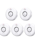 Five Pack Water Leak Alarm Detectors With 120dB Loud Alarm IP66 Waterproof Ultra Sensitive Probes Detect Drips And Mist Four Bottom Sensors And Two Top Probes For Quick Alerts And Realistic Protection white round units front view