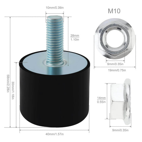 Reduce vibration and noise while protecting your equipment with a four pack of 40x30mm M10 rubber isolator mounts, shown with dimensions.