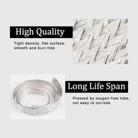 High quality tinned braided copper wire showing tight density and smooth surface for Universal Automotive Ground Strap Set.